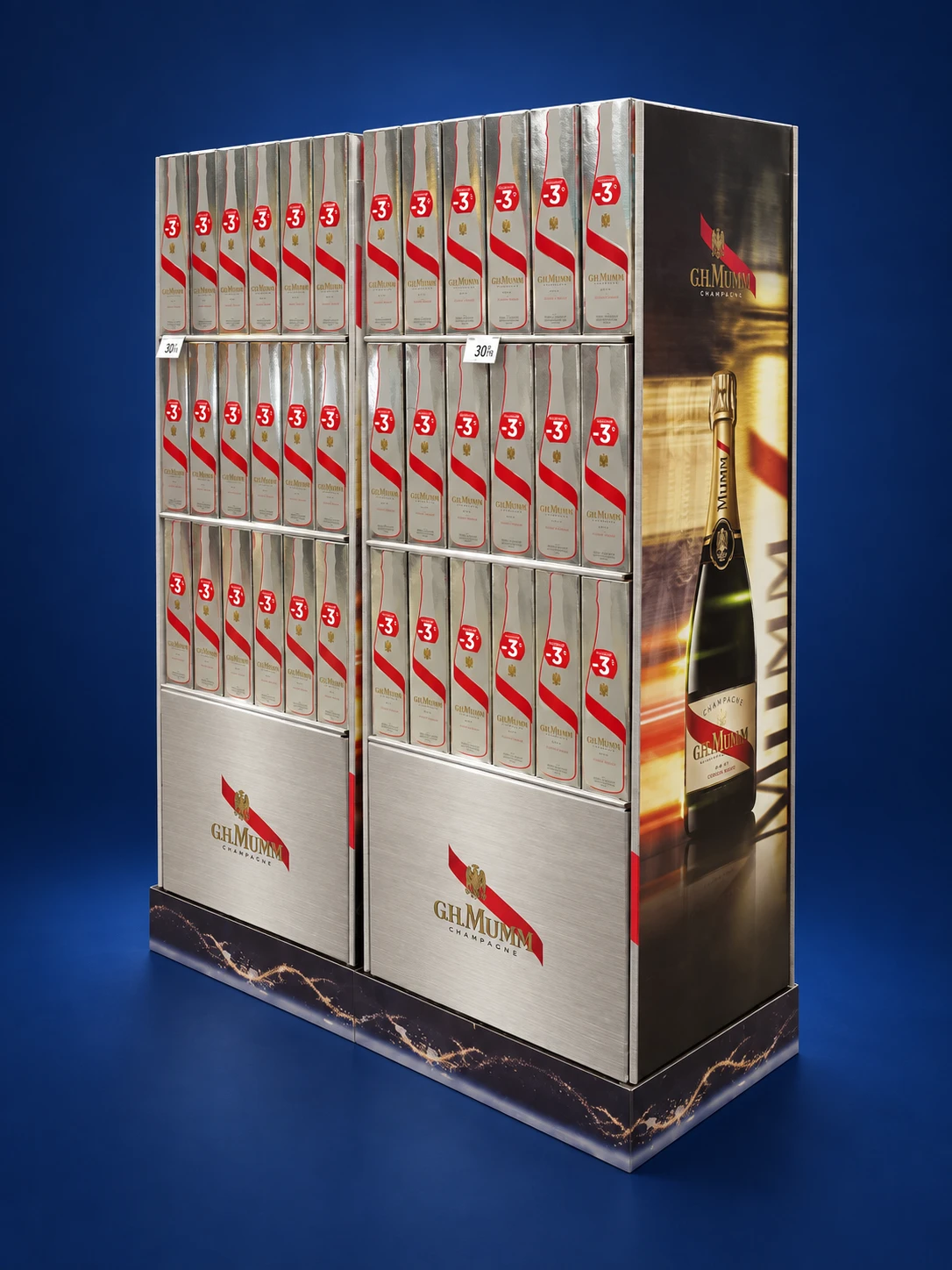 Silver Mumm display holding product boxes