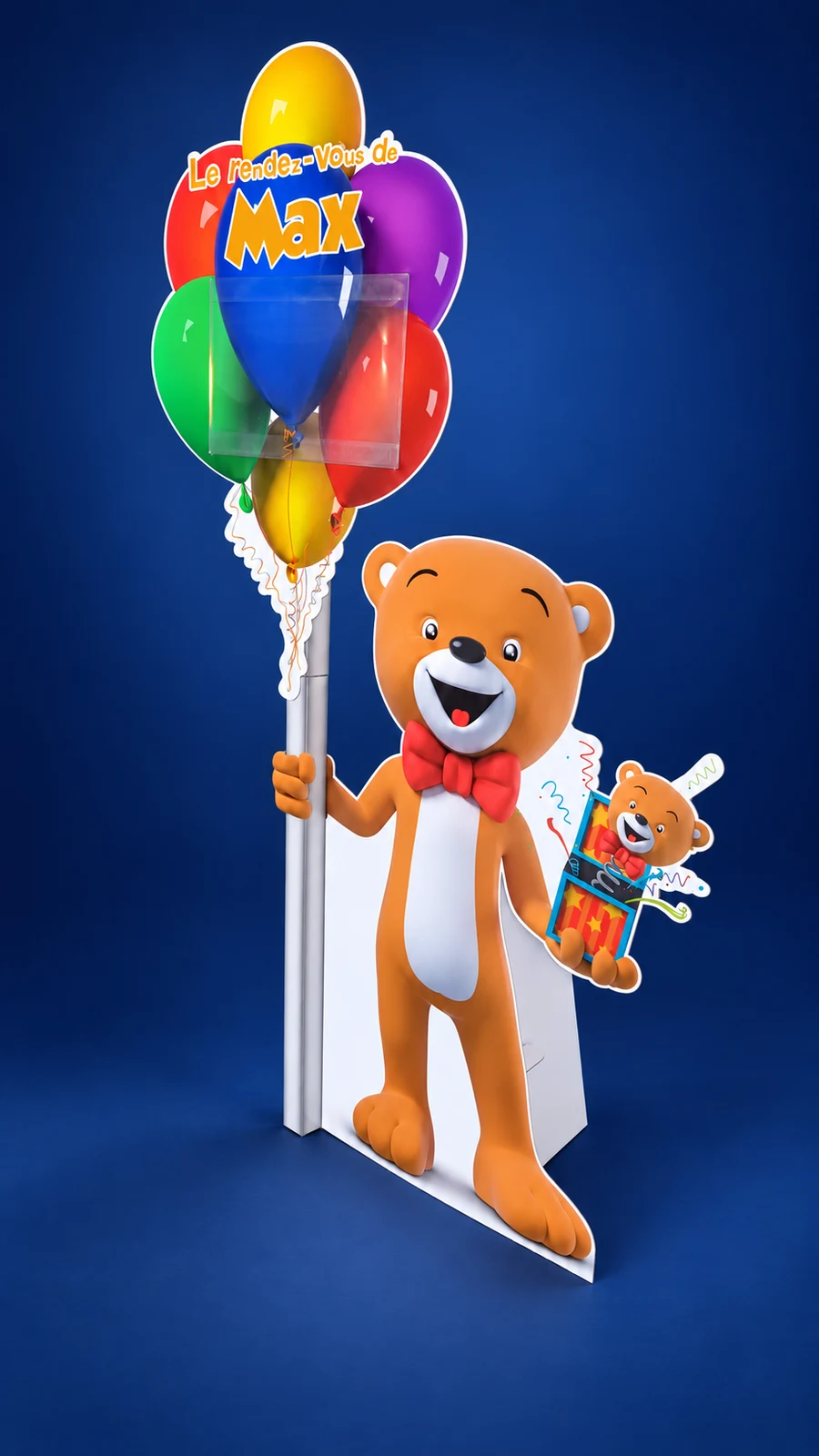 Freestanding Maxi Toys bear mascot cut-out