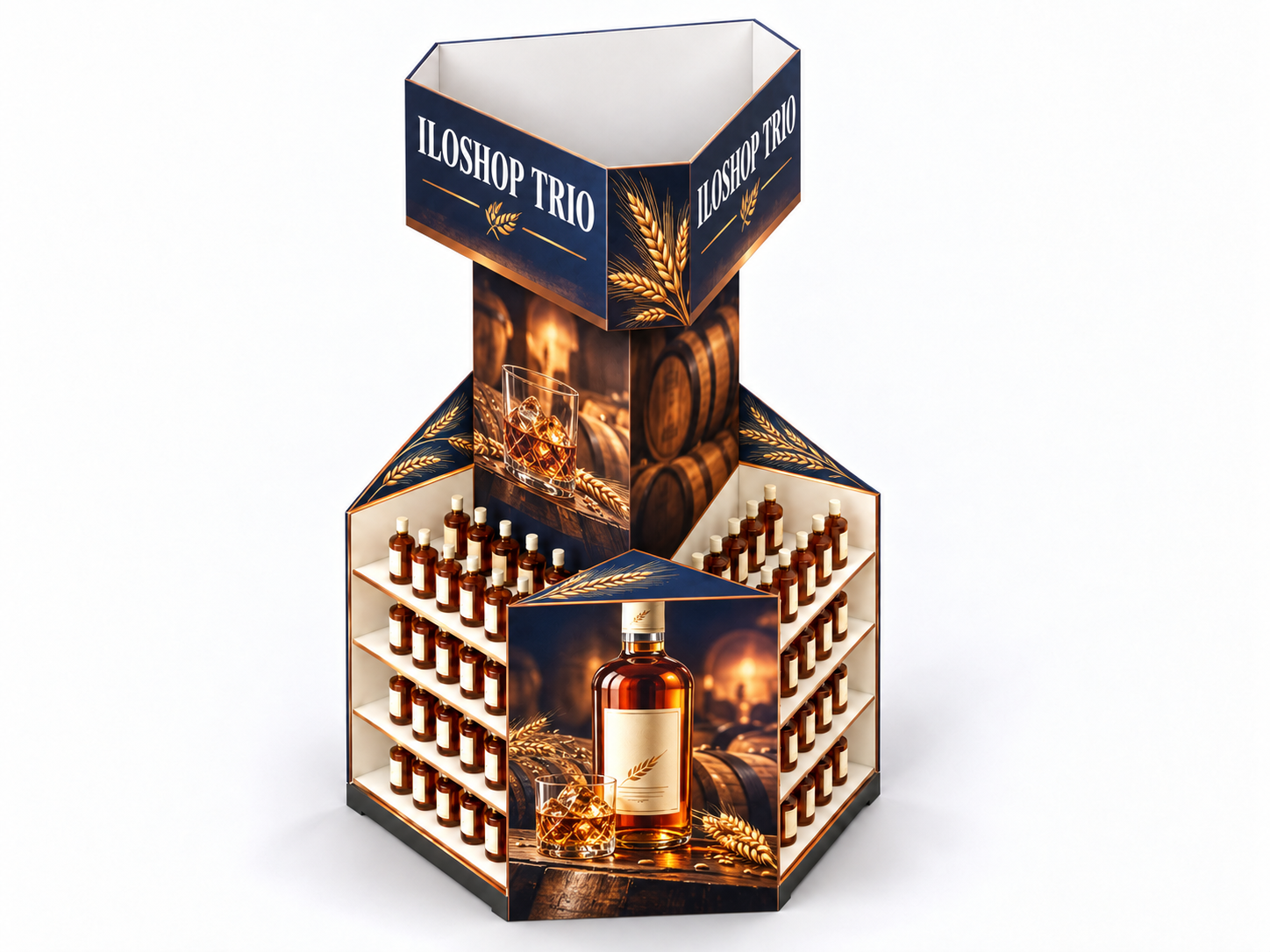 ILOSHOP TRIO · Three outward-facing displays, four levels and a printed whisky campaign around the triangular centre.